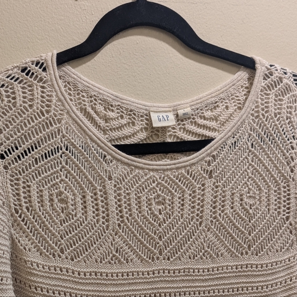GAP Crochet Yoke Pattern Oatmeal Heather Cotton Knit Long Sleeve Sweater Top- L - Picture 8 of 11
